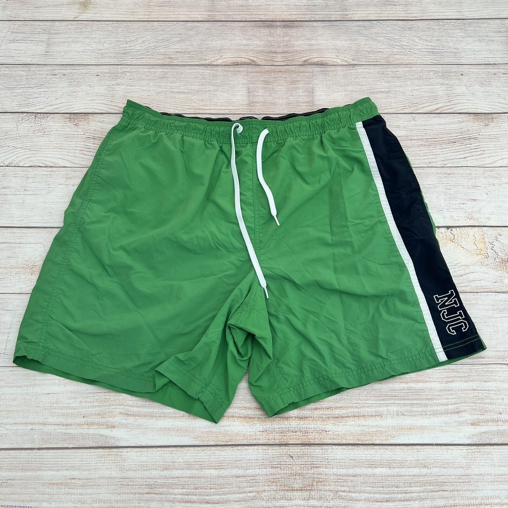 Nautica Jeans Co Mens Lined Swim Trunks XXL Green Blue Stripe Spell Out NJC